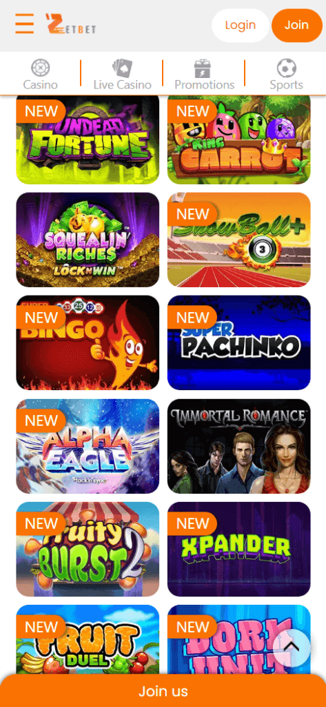 ZetBet Casino Mobile Preview 1