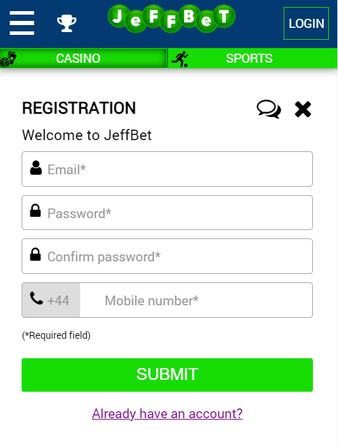 JeffBet Casino Registration Process Image 1