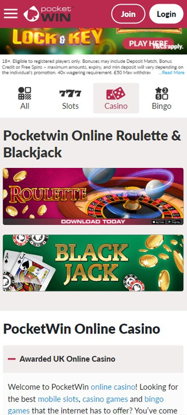 PocketWin Casino Mobile Preview 1