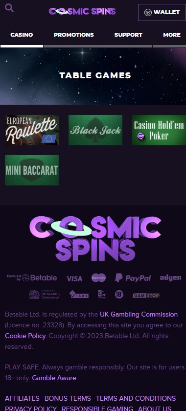 Cosmic Spins Casino Mobile Preview 1